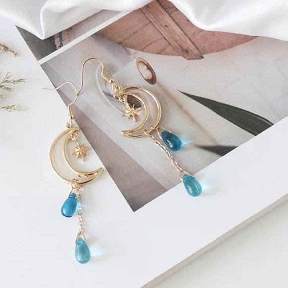 3/$30 GOLD MOON STARS BLUE WATER DROPS EARRINGS - Picture 4 of 8